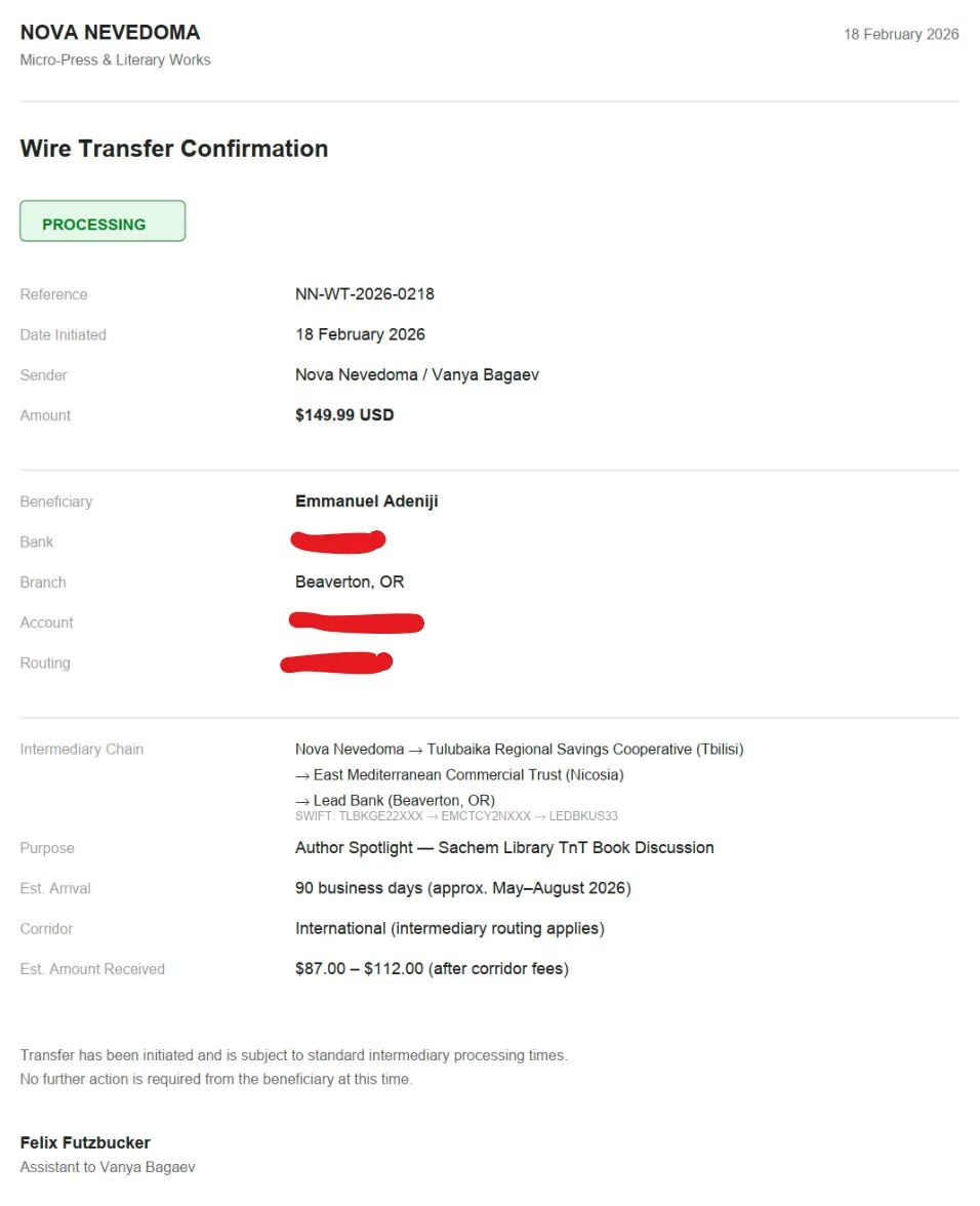 Wire transfer confirmation via three intermediary banks