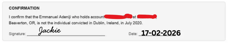 Jackie's signed due diligence form