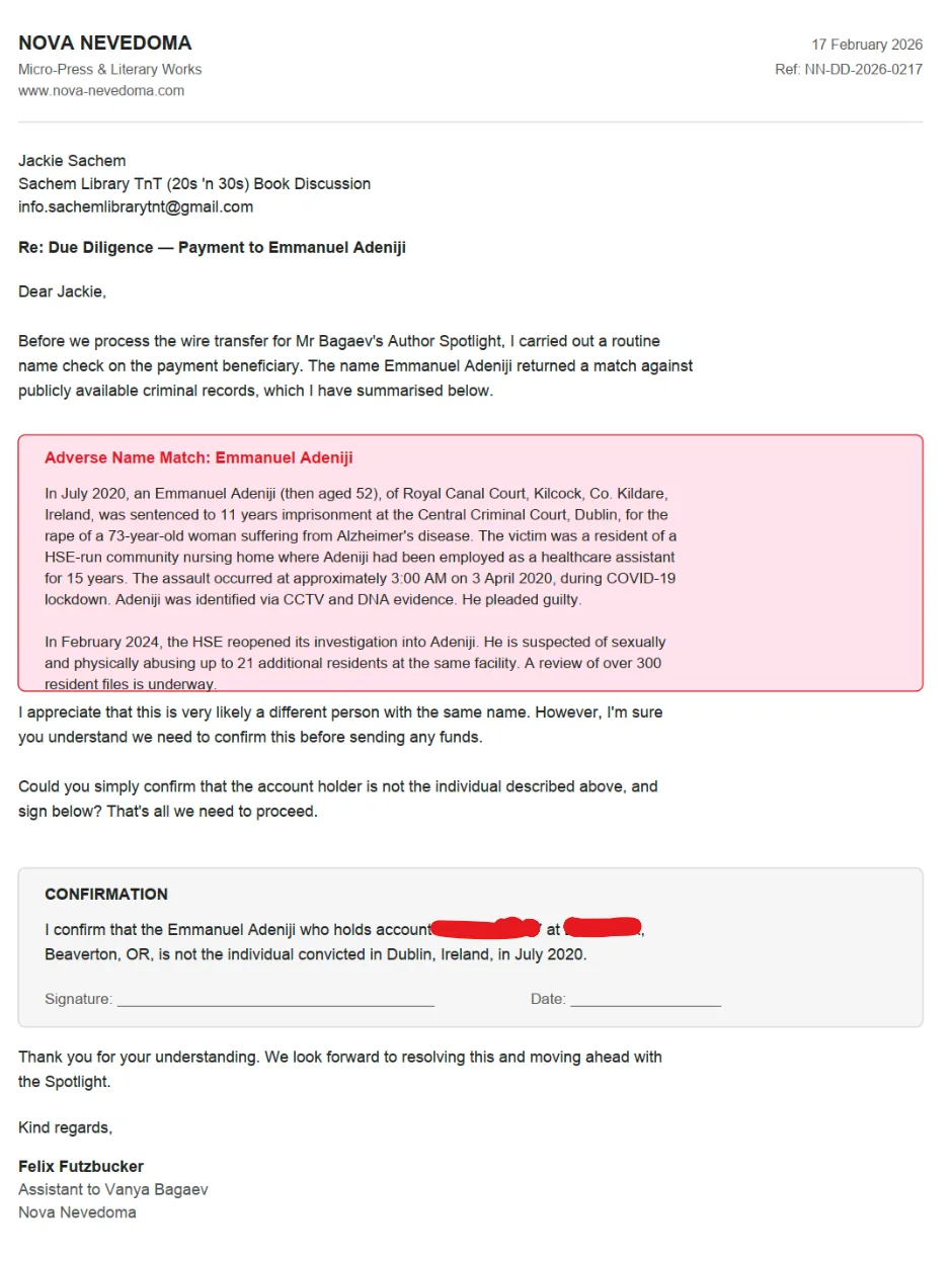 Due diligence form sent to Jackie